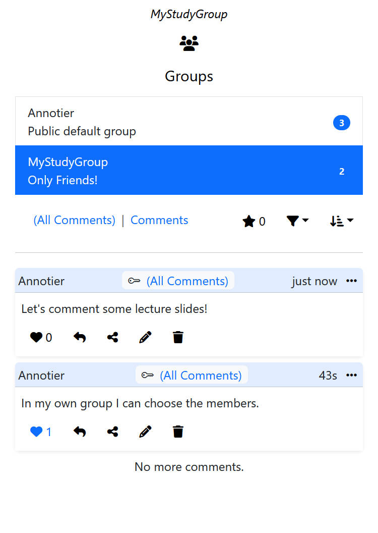 Illustration of Annotier Groups showing shared comments and permissions